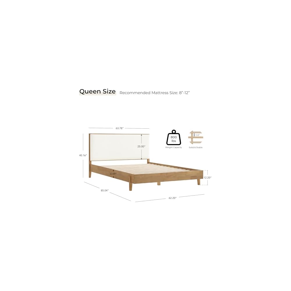 Queen Size Platform Bed Frame, with Boucle Upholstered Headboard, Oak