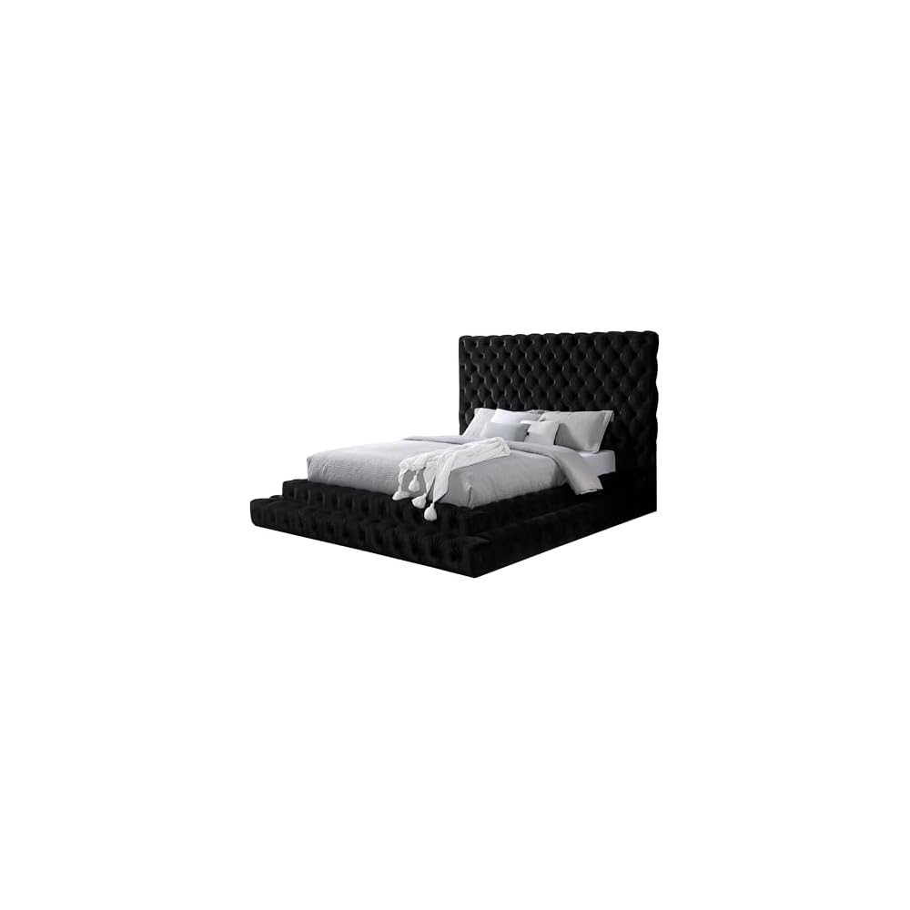 Sable Fabric Upholstered Step Up King-Size Platform Bed with Oversized Headboard, Deep Button Tufting, No Box Spring Required for Bedroom, Guest Room, Black