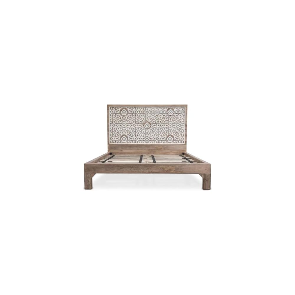 Haveli Mango Wood Geometric Carved King Bed in Natural