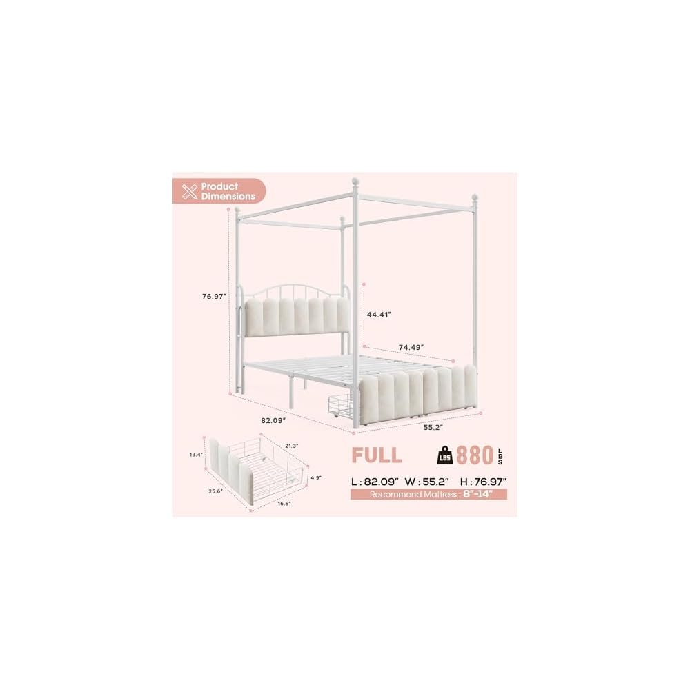 Full Canopy Bed Frame with 2 Drawers & LED & Charging,White