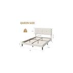 Queen Size Platform Bed Frame with Velvet Headboard, White