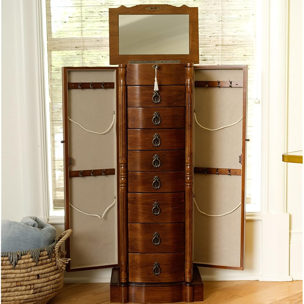 Hives and Honey Sheffield Traditional Standing Jewelry Armoire Cabinet, Antique Locking Storage Organizer with Mirror, 8 Drawers, Necklace Hooks, Anti-Tarnish Lining, Walnut