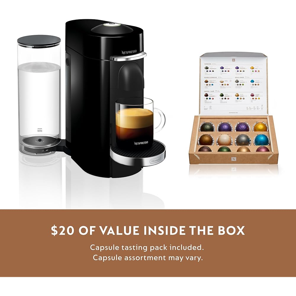 Nespresso VertuoPlus Deluxe Coffee and Espresso Machine Bundle with Aeroccino Milk Frother by De'Longhi, Black