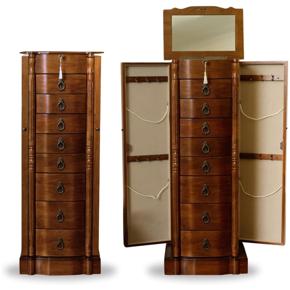 Hives and Honey Sheffield Traditional Standing Jewelry Armoire Cabinet, Antique Locking Storage Organizer with Mirror, 8 Drawers, Necklace Hooks, Anti-Tarnish Lining, Walnut