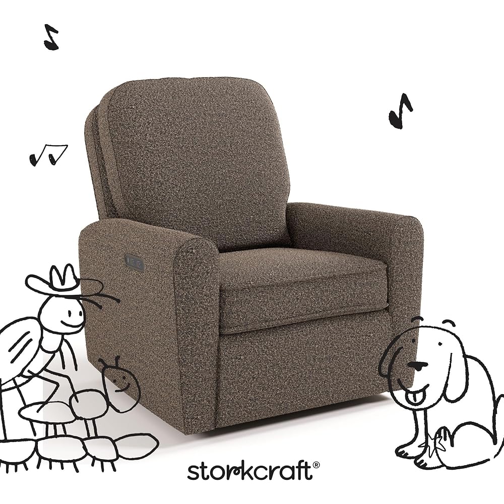 Storkcraft Amalfi Deluxe Power Recliner Swivel Glider (Mountain Brown Boucle) – Premium Electronic Power Recliner for Nursery, Includes Dual-USB Charging Port with USB-A &amp; USB-C, Glider Rocking Chair