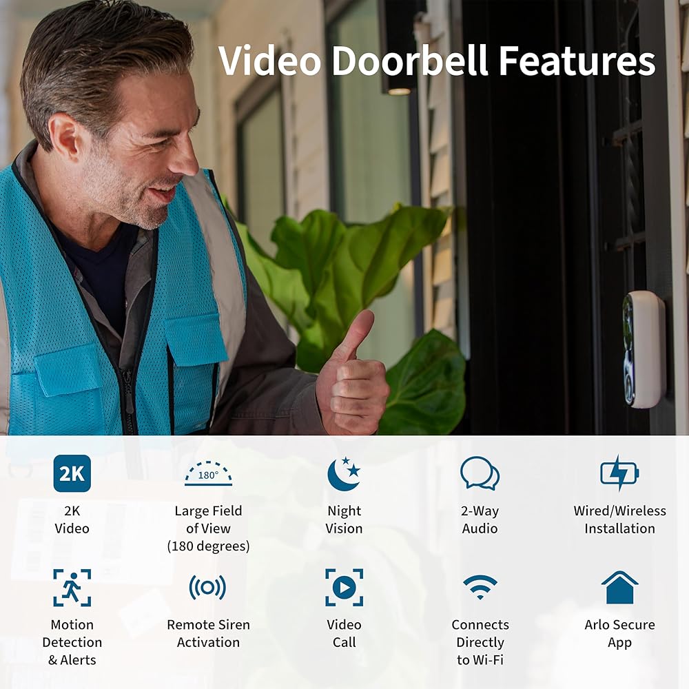 Arlo Video Doorbell 2K | 2nd Gen | Wire-Free/Wired Option, 2-Way Audio, Night Vision, Head to Toe Video View, Integrated Siren | Live Stream | Real Time Notifications |180 Deg Wide View, White