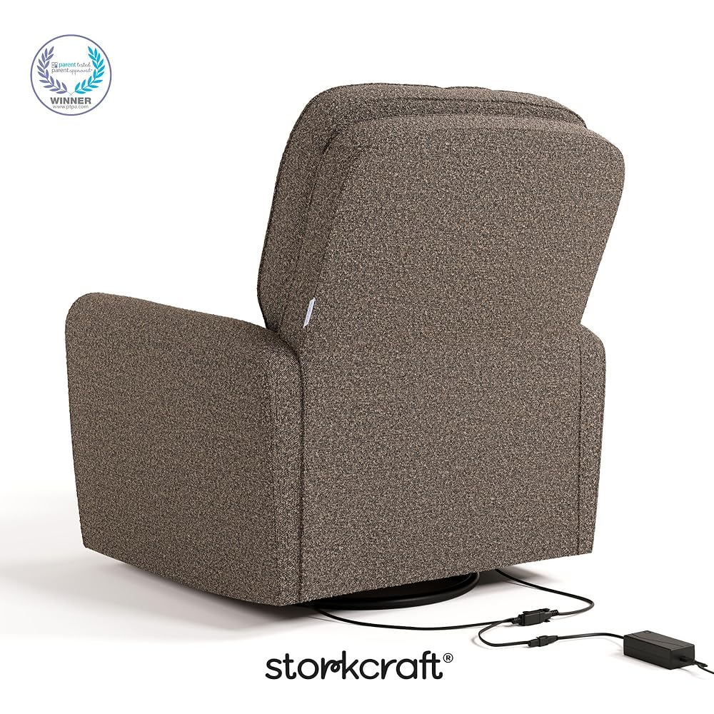 Storkcraft Amalfi Deluxe Power Recliner Swivel Glider (Mountain Brown Boucle) – Premium Electronic Power Recliner for Nursery, Includes Dual-USB Charging Port with USB-A &amp; USB-C, Glider Rocking Chair