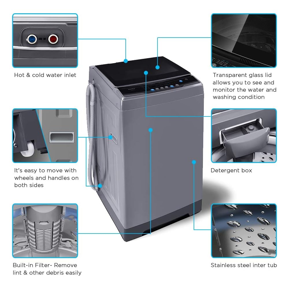 COMFEE’ 1.6 Cu.ft Portable Washing Machine, 11lbs Capacity Fully Automatic Compact Washer with Wheels, 6 Wash Programs Laundry Drain Pump, Ideal for Apartments, RV, Camping, Magnetic Gray