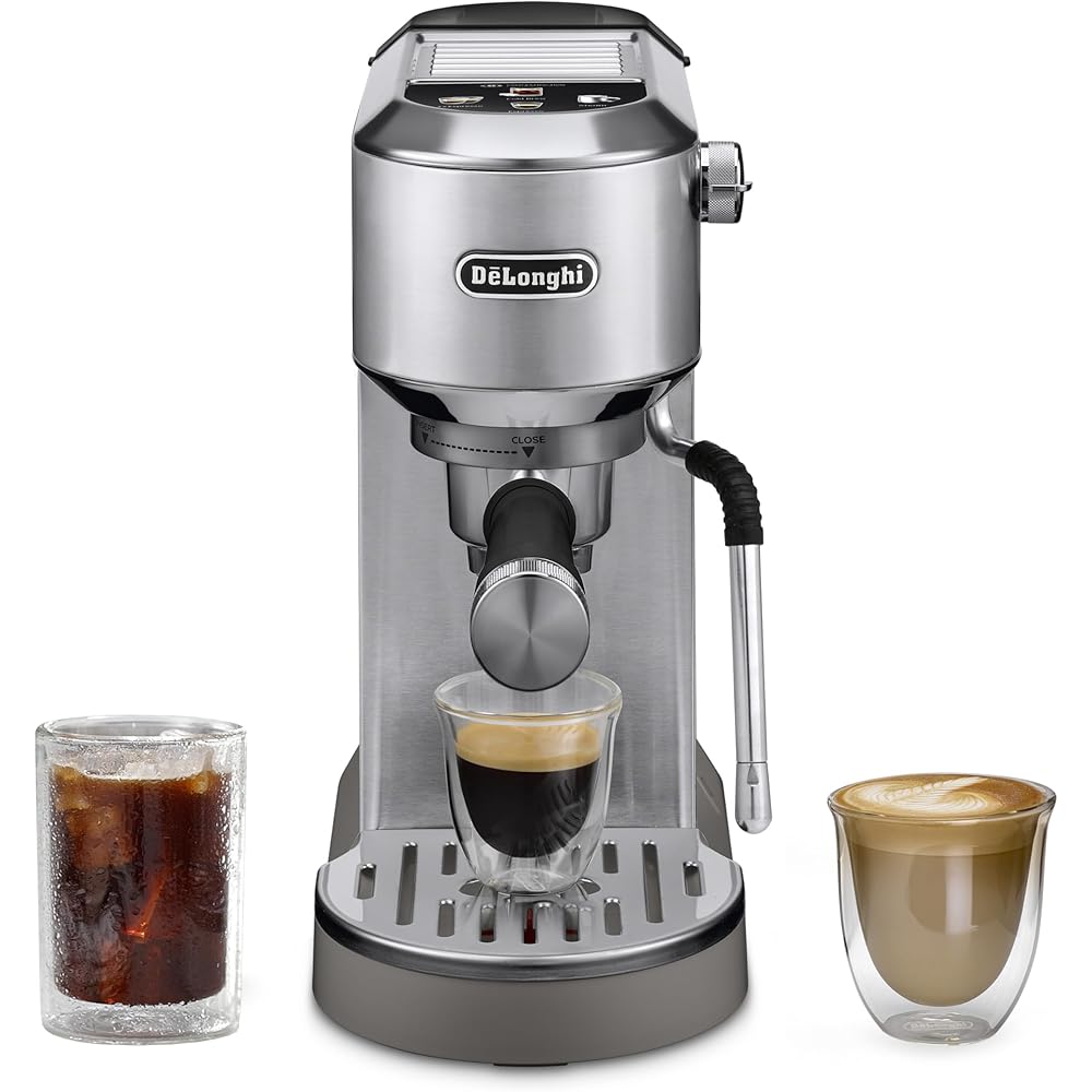 De'Longhi Dedica Duo Compact Espresso Machine Cold Brew Coffee Maker with Milk Frother Wandfor Espresso, Hot &amp; Iced Coffee, Cappuccinos, Lattes &amp; Home Barista Brewing, Stainless Steel