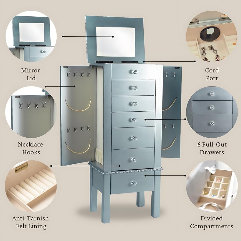 Hives and Honey Crystal, 6 Felt-Lined Drawers, Side Necklace Hooks, Built-in Mirror, Cord Port, Elegant Beaded Trim, Jewel Knobs, Storage Organizer Jewelry Armoire, 38″ H x 16″ W x 12″ D, Silver