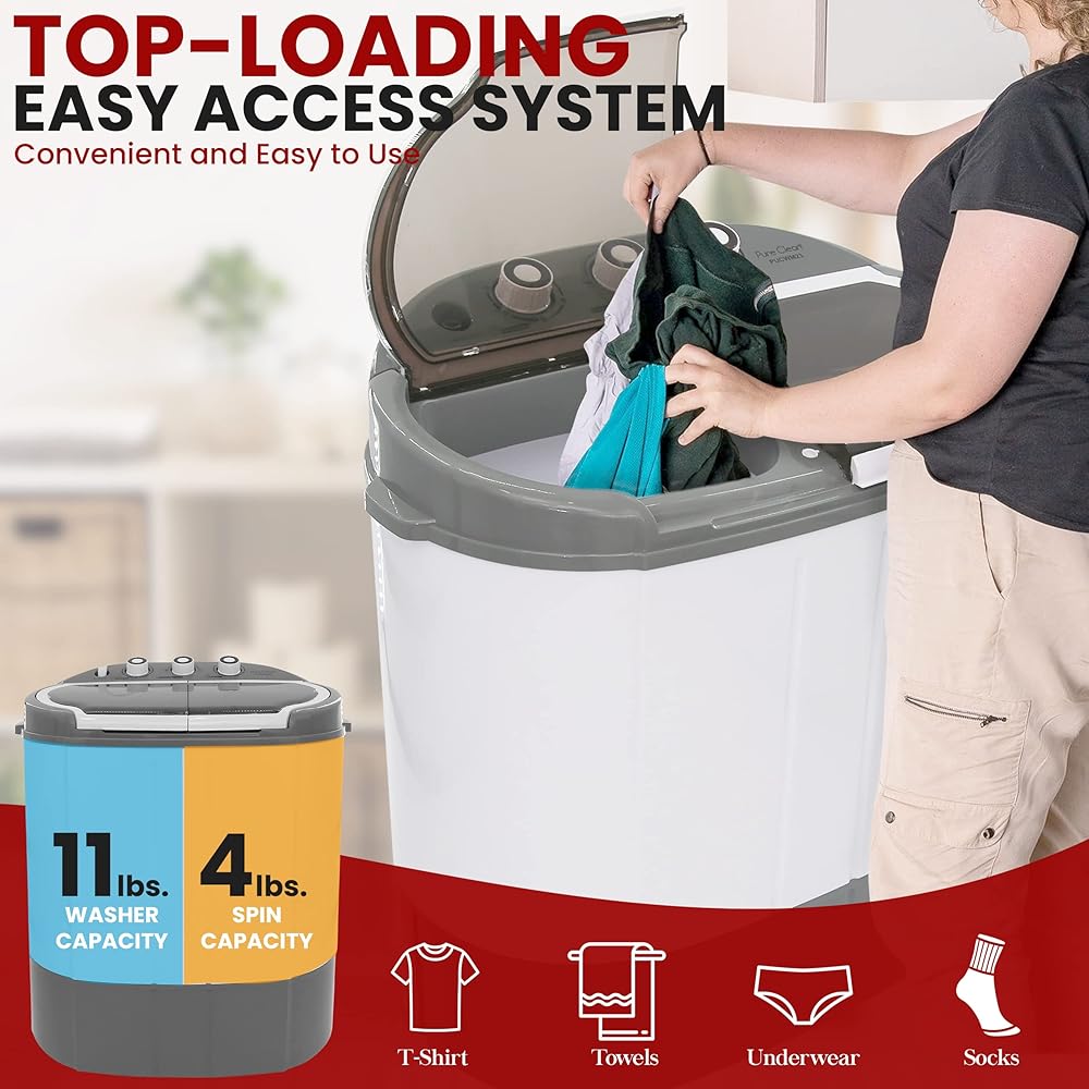 Pure Clean Compact Home Washer &amp; Dryer, 2 in 1 Portable Mini Washing Machine, Twin Tubs, 11lbs. Capacity, 110V, Spin Cycle w/Hose, Translucent Tub Container Window, Ideal for Smaller Laundry Loads, Gray