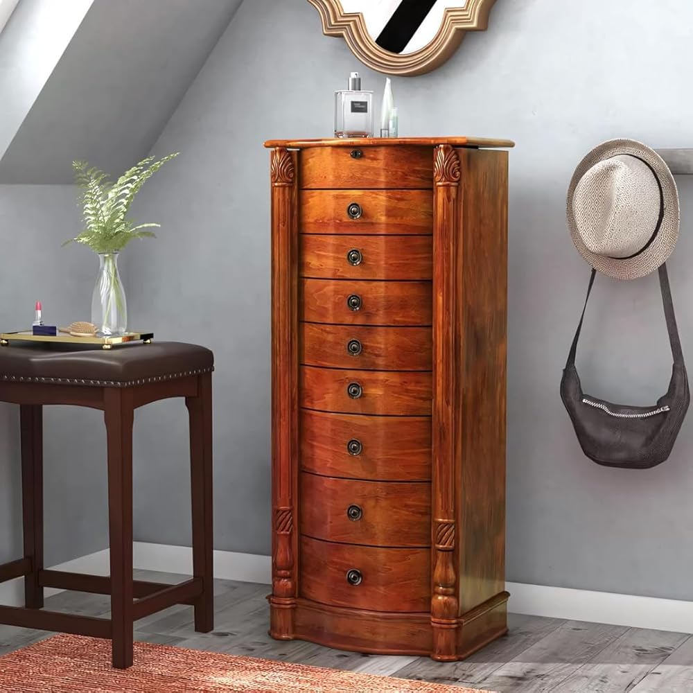 Alveare Home Louisa Standing Locking Jewelry Armoire – Wood Storage Cabinet with Mirror, 8 Drawers, Necklace Hooks, Ring Rolls &amp; Cord Organizing Port – Safe &amp; Elegant Organizer, Oak
