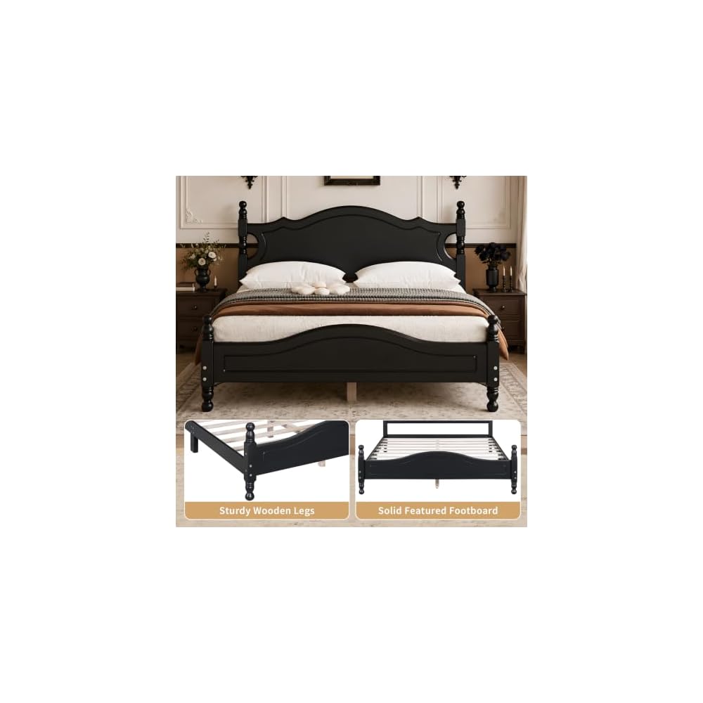 Full Size Black Wood Bed Frame with Vintage Headboard, Gothic Style Wooden Platform Full Bed with Wood Slat Support, Retro Black Bed Frame for Bedroom Guest Room, Easy Assembly