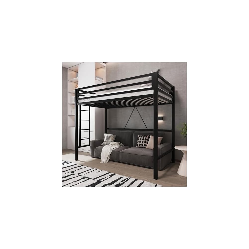 Metal Loft Bed Twin Size with Guardrail and Ladder,Black