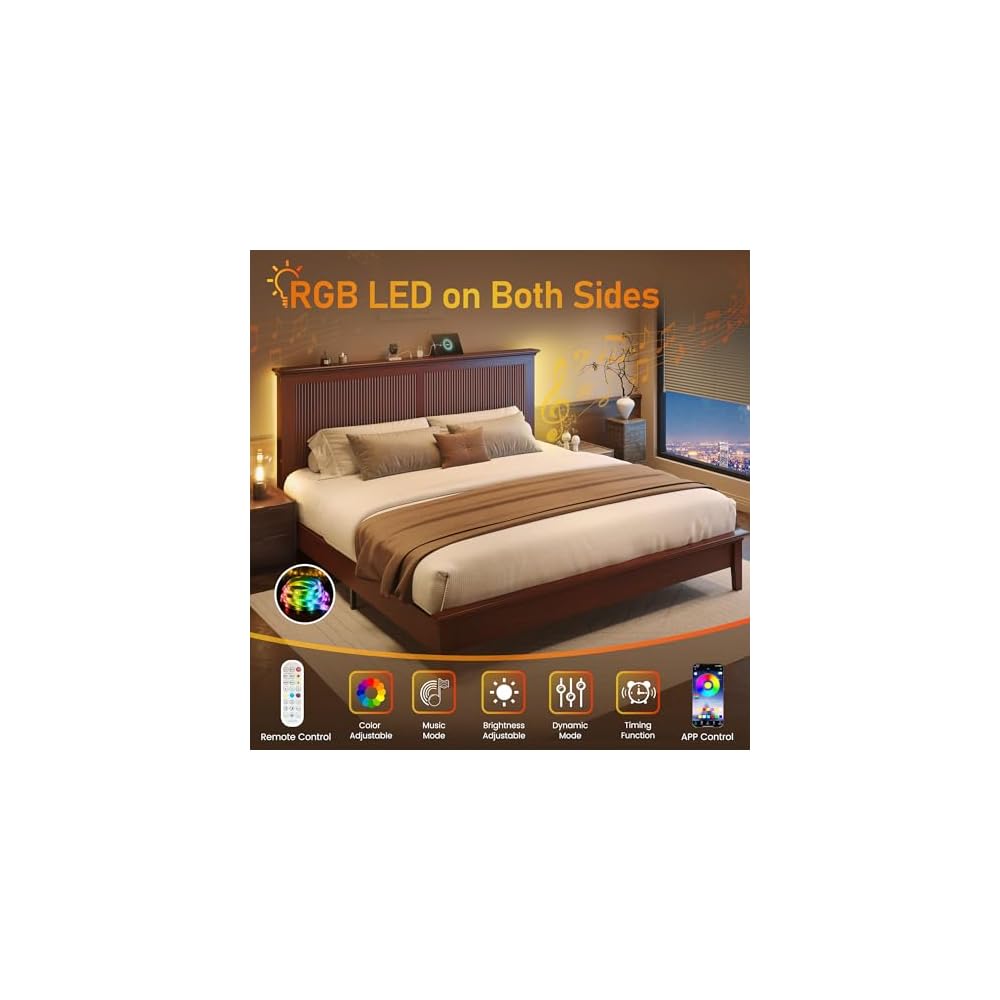 King Bed Frame with Headboard, Solid Wood Bed Frame King Size with Charging Station & RGB LED, Wood Slats Support, Noise-Free, Sturdy Structure, Easy Assembly, Mahogany