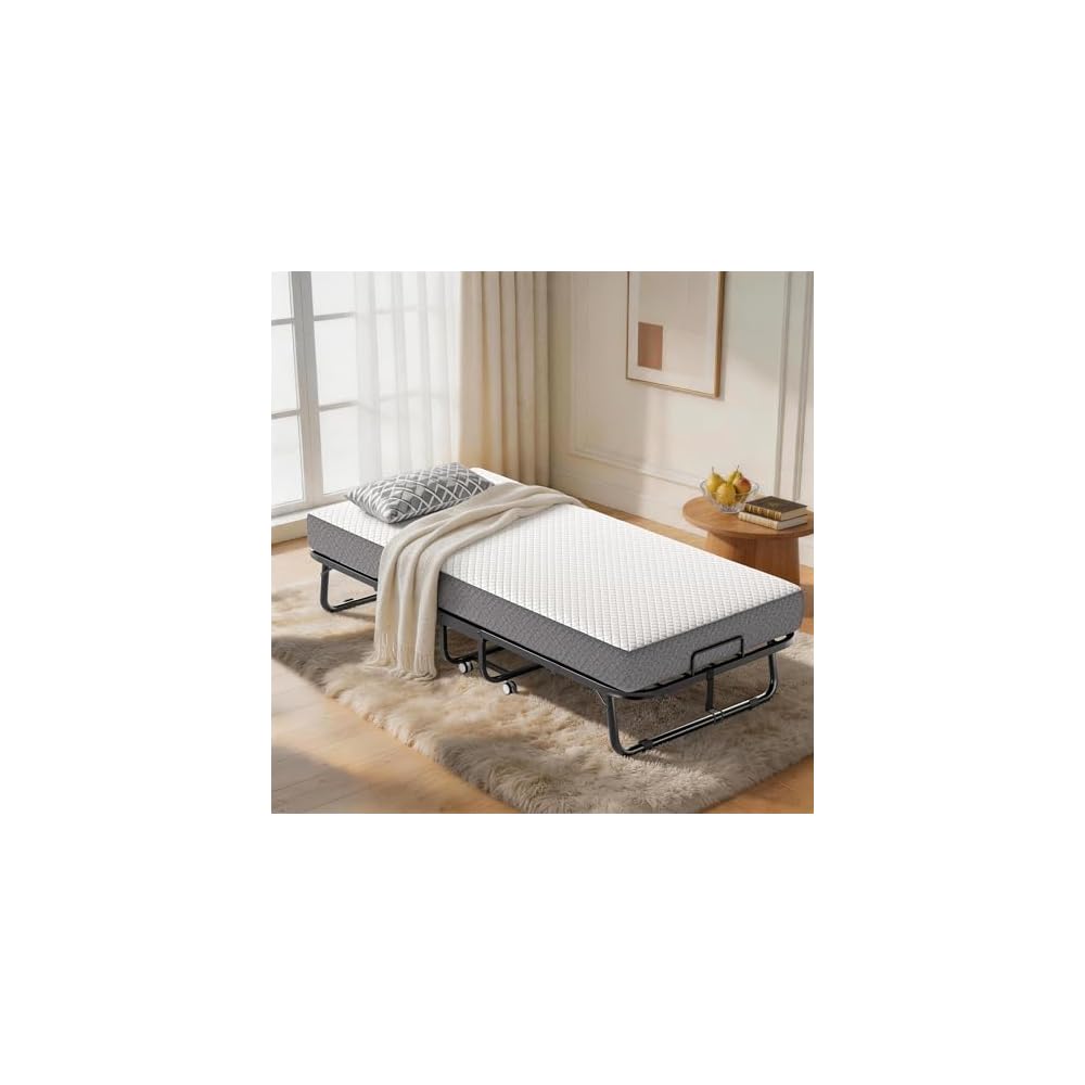 Folding Bed with Memory Foam Mattress Portable Rollaway Guest Beds on Wheels, 75"x31" Twin Size Space-Saving Cot-Size Bed for Adults with Easy Assembly Metal Frame (White)