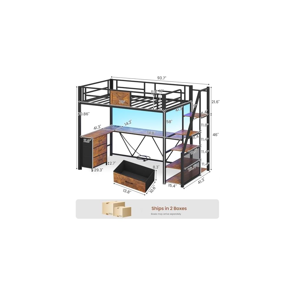 Stairway Twin Size Loft Bed with L Shaped Desk and Wardrobe, Metal Loft Bed Frame with Storage Stairs, 3 Fabric Drawers, LED Lights & Charging Sation (Rustic Brown, Twin)