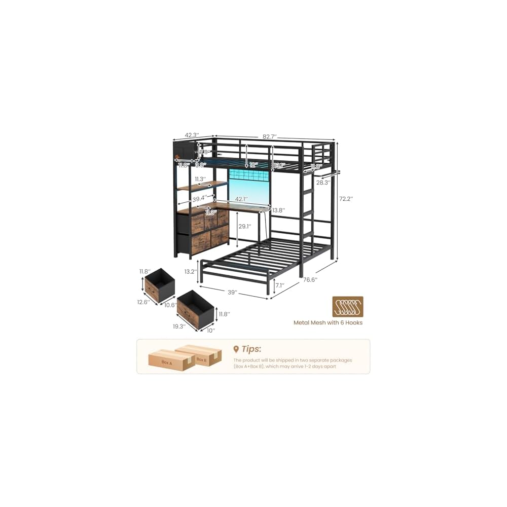 Bunk Bed Twin XL Over Twin with Desk,5 Storage Drawers and Charging Station