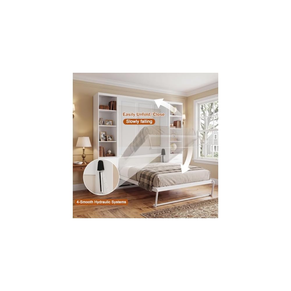 Queen Murphy Bed with 2 Bookcase, Space-Saving Wall Bed, White
