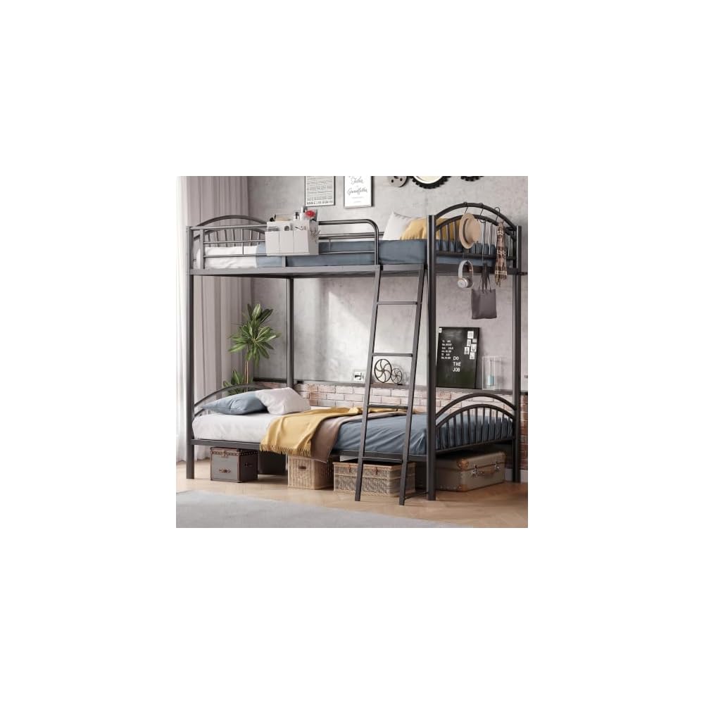 Bunk Bed Twin Over Twin Metal Bunkbeds with Bedside Caddy, Convertible Ladder&Flat Rungs Space Saving Loft Bed for Adult&Teen