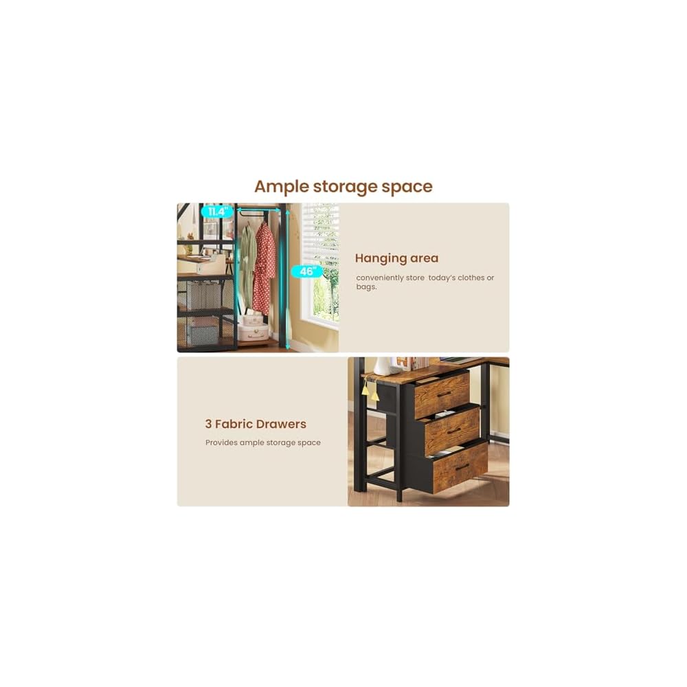 Stairway Twin Size Loft Bed with L Shaped Desk and Wardrobe, Metal Loft Bed Frame with Storage Stairs, 3 Fabric Drawers, LED Lights & Charging Sation (Rustic Brown, Twin)
