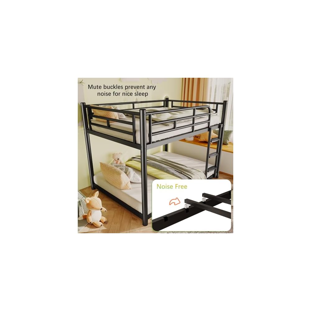 Metal Bunk Bed, Full Over Full Bunk Beds with Removable Wide Ladder and Full-Length Guardrails, Low Bunk Bed Frame with Mute Design for Undisturbed Sleep for Adults, Kids and Young Teens