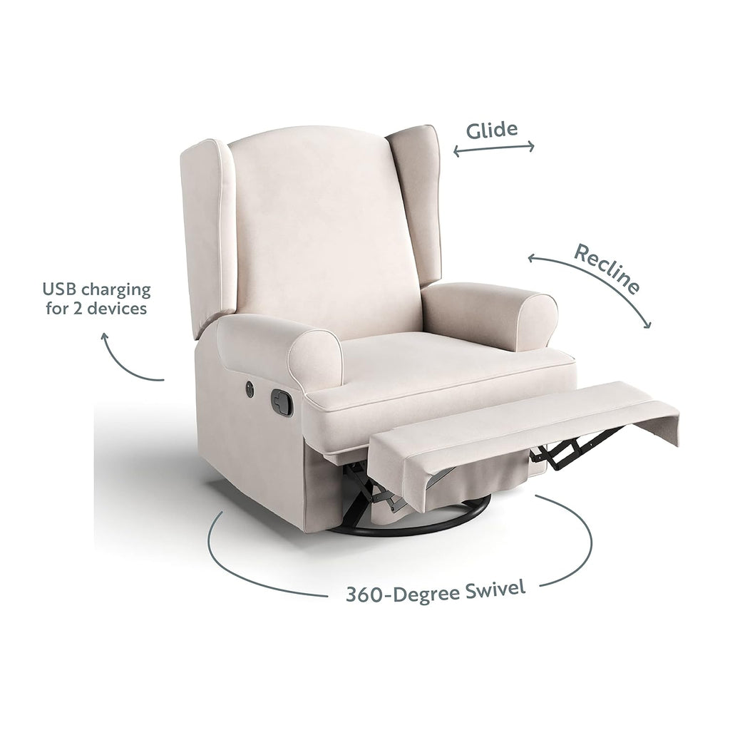 Storkcraft Serenity Glider Recliner Nursery Chair with USB Charging Port (Ivory) – Premium Upholstered Nursery Glider Recliner with Manual Recline Function, Dual USB Charging