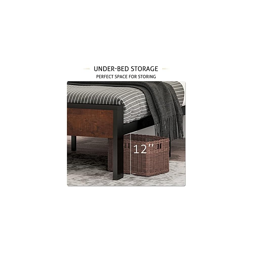 14 Inch King Size Metal Platform Bed Frame with Wooden Headboard and Footboard, Mattress Foundation, No Box Spring Needed, Large Under Bed Storage, Mahogany