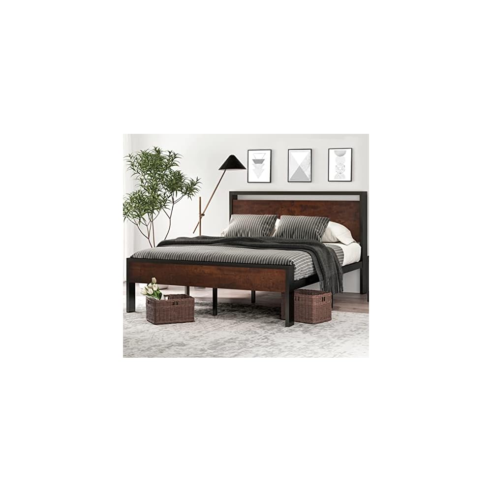 14 Inch Queen Size Metal Platform Bed Frame with Wooden Headboard and Footboard, Mattress Foundation, No Box Spring Needed, Large Under Bed Storage, Non-Slip Without Noise, Mahogany