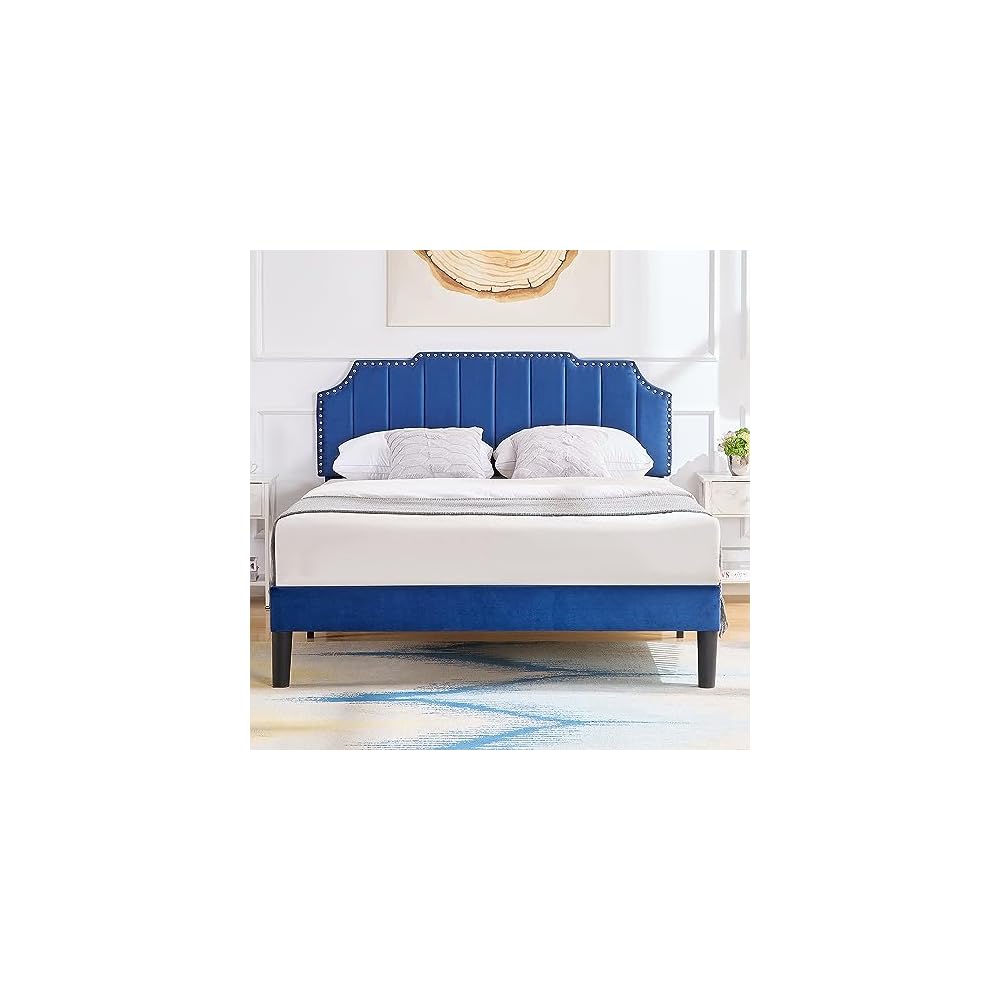 Full Upholstered Platform Bed Frame with Tufted Adjustable Headboard/Mattress Foundation/Wood Slat Support,Easy Assembly,Navy Blue