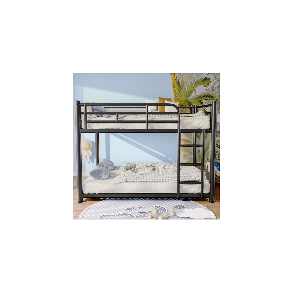Metal Bunk Bed, Full Over Full Bunk Beds, Full Size Bunk Bed with Safety Guardrail and Ladder, Twin Bunk Beds, No Box Spring Needed, Noise Free for Apartment, Bedroom (Black)