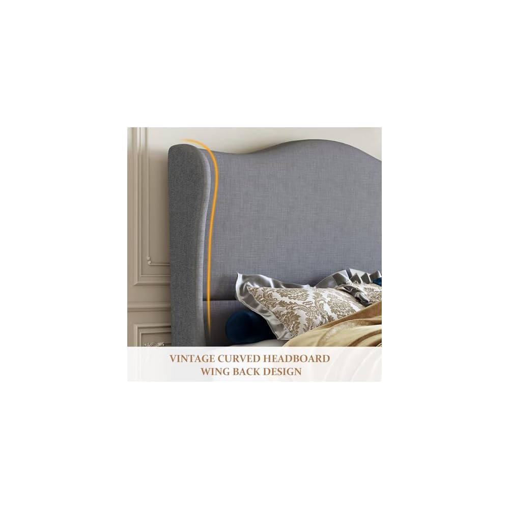 Queen Size Upholstered Bed Frame with 51'' Tall Headboard, Grey