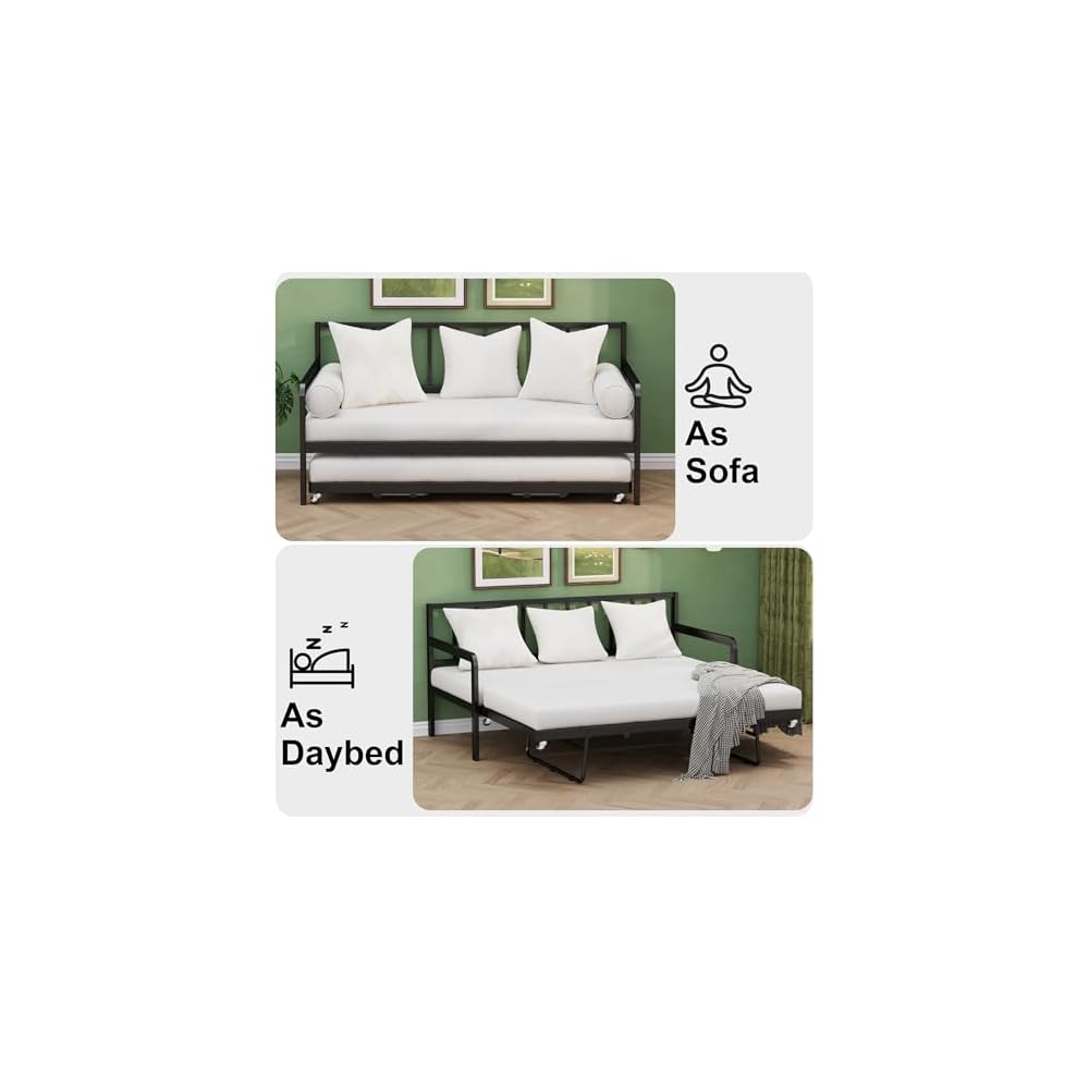 Twin Daybed with Pop Up Trundle, Metal Steel Slats, Black