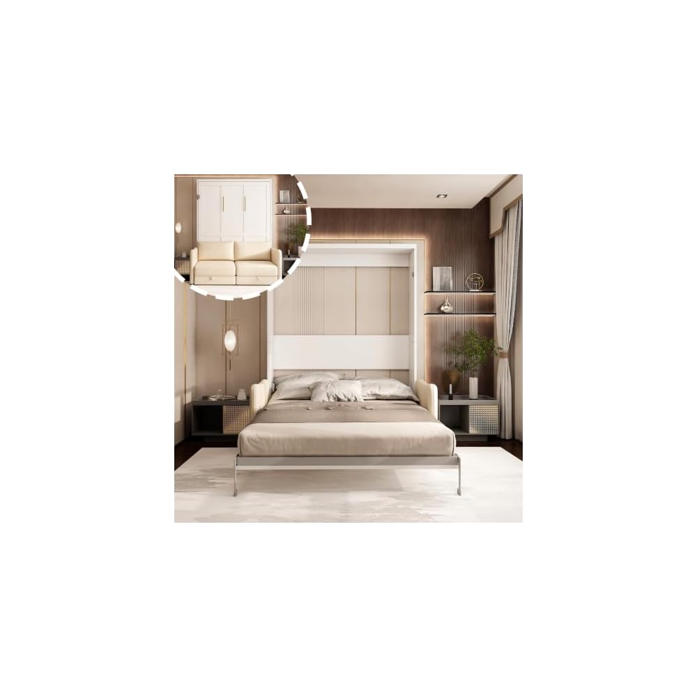 Queen Murphy Bed with Sofa, Space-Saving Wall Bed, Metal Frame, White