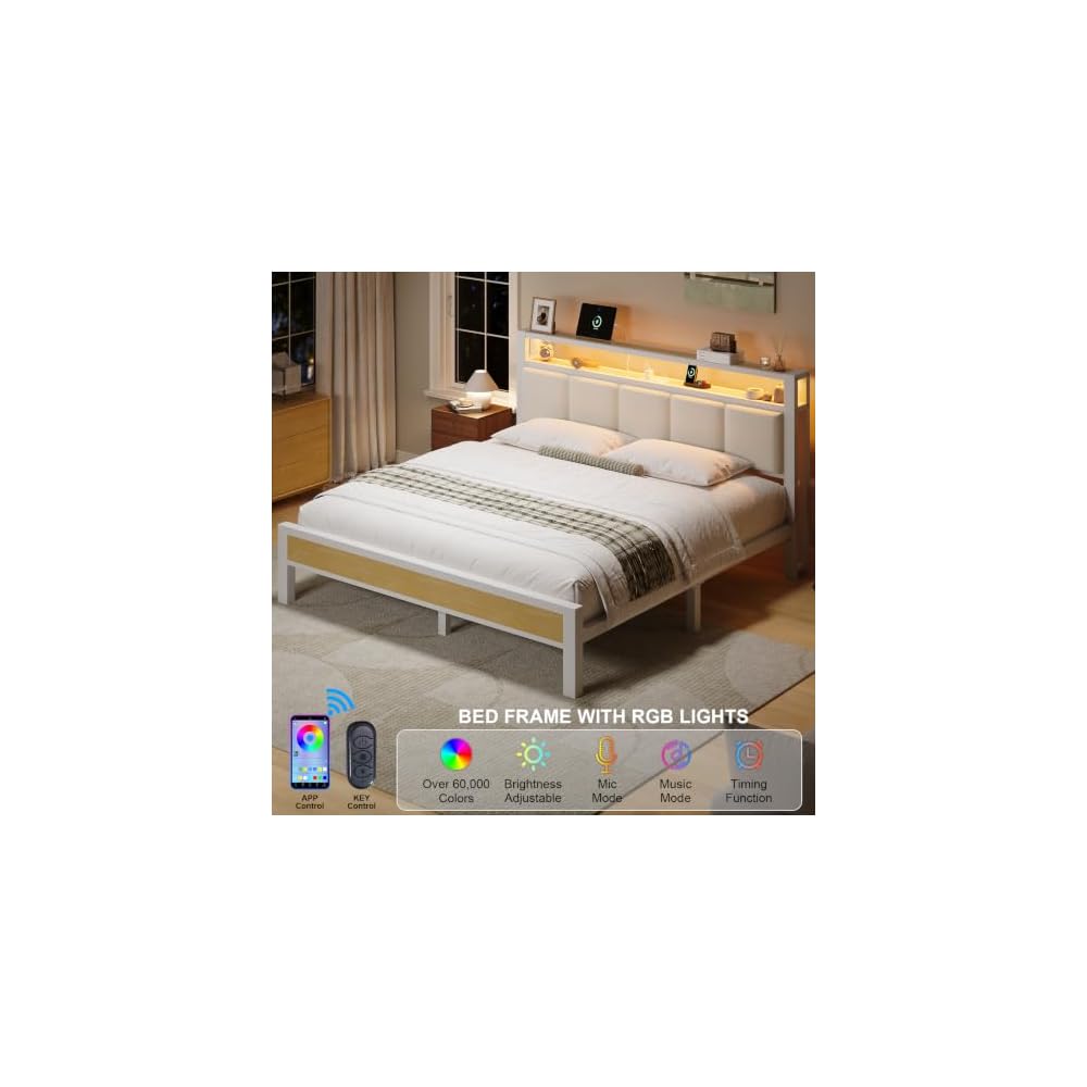 Queen Size Bed Frame with Charging Station and LED Lights, White