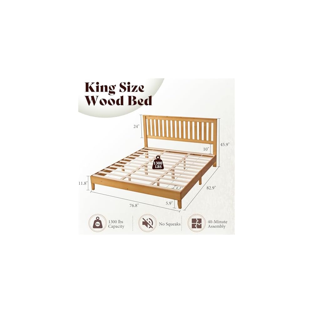 Solid Wood King Size Bed Frame with 46" Headboard, Light Wood