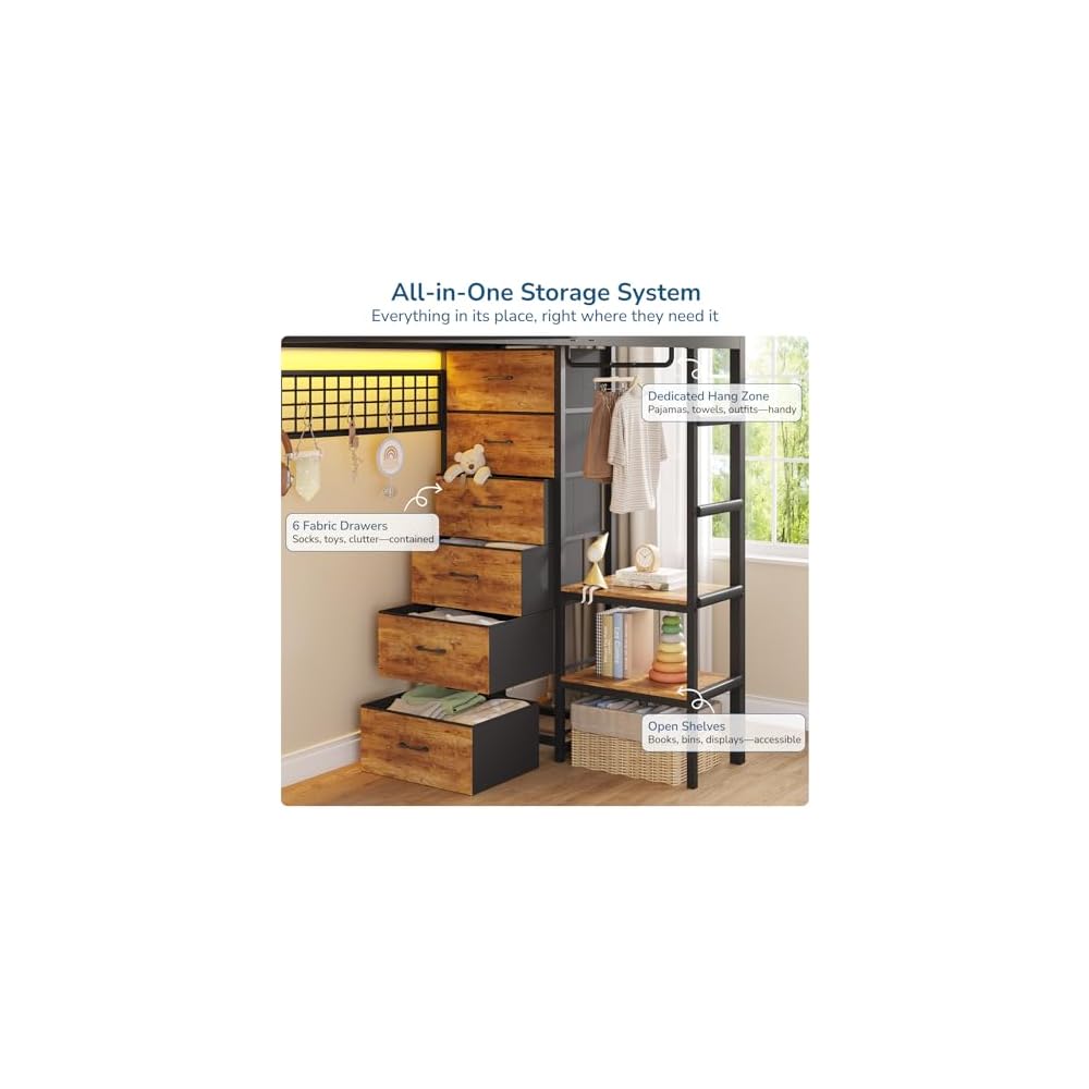 Triple Bunk Bed with 9 Storage Drawers and LED Lights, Twin Over Twin 3 Bed Bunk Beds for Kids with Shelves and Pegboard, Heavy-Duty Metal Bunk Bed with Full-Length Guardrail and Dual Ladders, Black