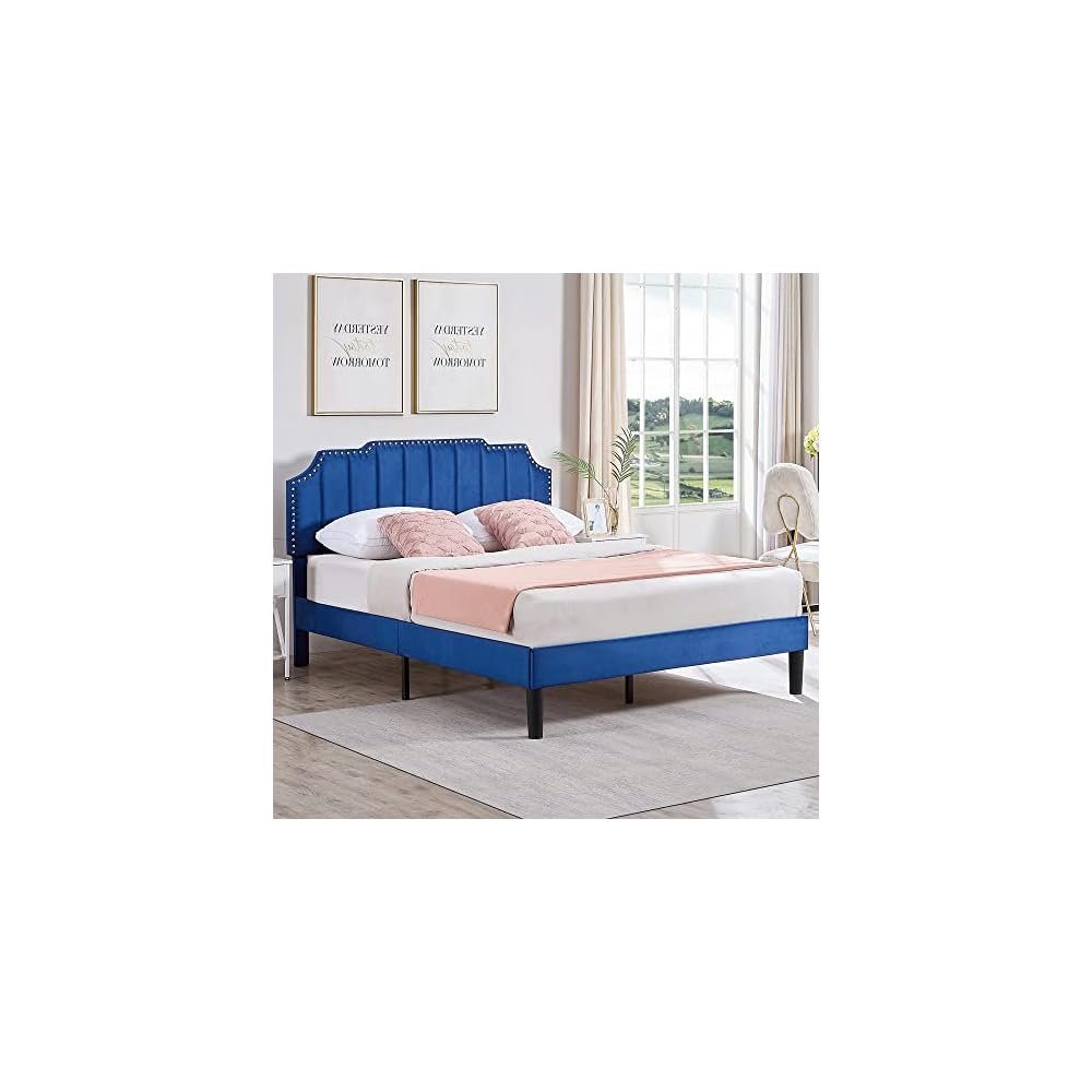 Full Upholstered Platform Bed Frame with Tufted Adjustable Headboard/Mattress Foundation/Wood Slat Support,Easy Assembly,Navy Blue