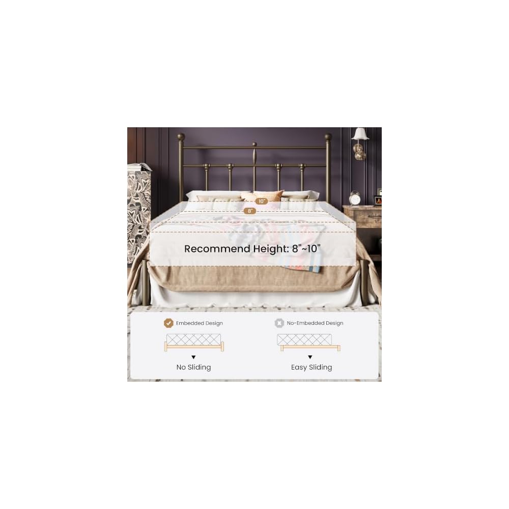 Queen Size Metal Platform Bed Frame with Victorian Vintage Headboard/Under Bed Storage/No Box Spring Needed/Easy Assembly/Noise Free/Mattress Foundation/Gold