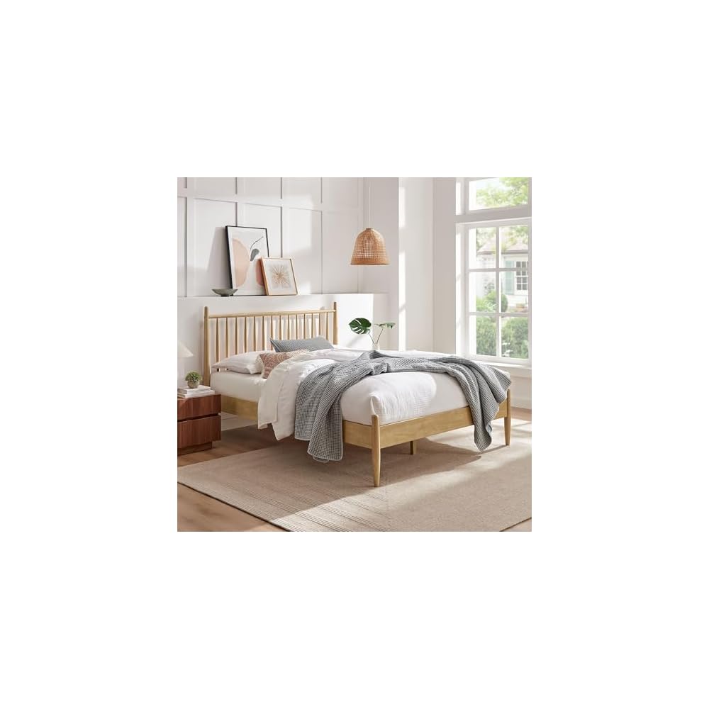 Zane King Size Spindle Bed in Light Oak – Solid Wood Platform Bed Frame with Headboard, No Box Spring Needed
