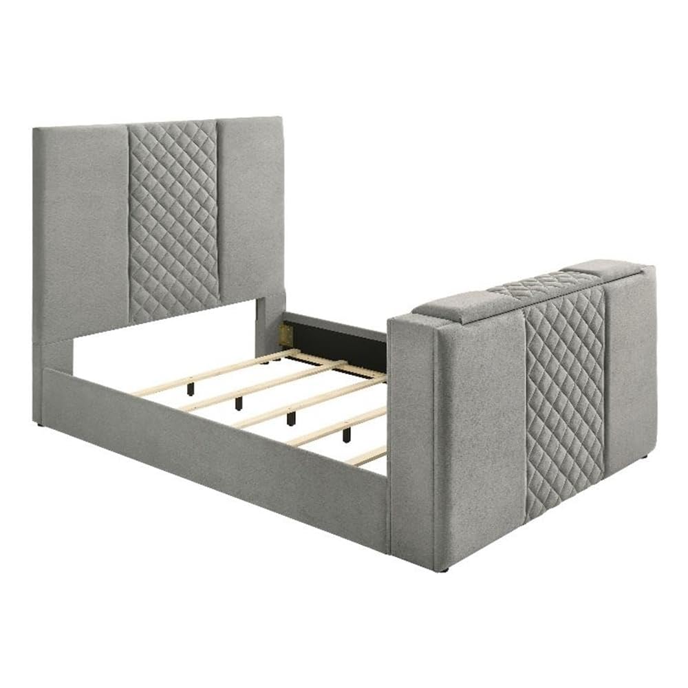 Contemporary Upholstered Velvet Queen Panel TV Bed, Gray Quilted Headboard, Motorized TV Lift, Built-in Power Outlet, Black Legs, Wood Frame, Bedroom Furniture, 95.25 in