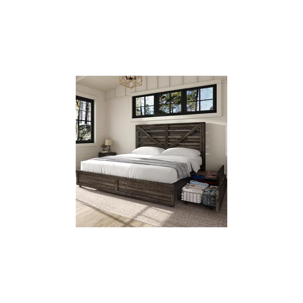 Full Size Farmhouse Bed Frame with 4 Drawers & Barn Door Headboard