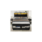Full Bed Frame with LED Lights & 2-Tier Storage Headboard
