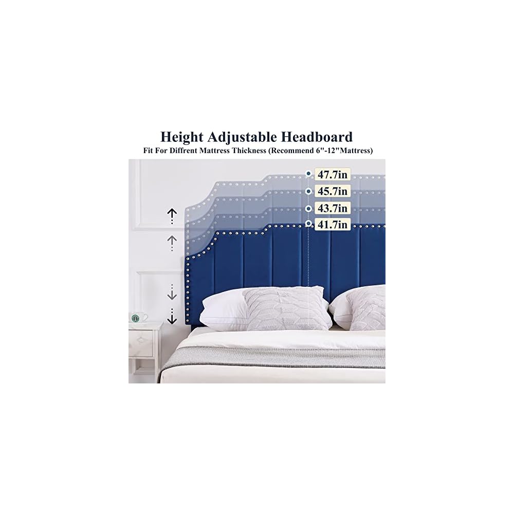 Full Upholstered Platform Bed Frame with Tufted Adjustable Headboard/Mattress Foundation/Wood Slat Support,Easy Assembly,Navy Blue