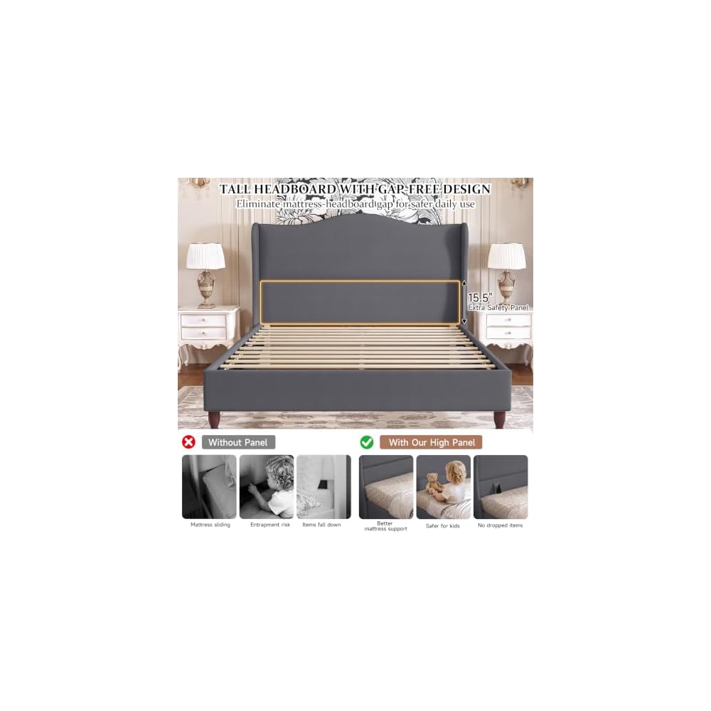 Queen Size Upholstered Bed Frame with 51'' Tall Headboard, Grey