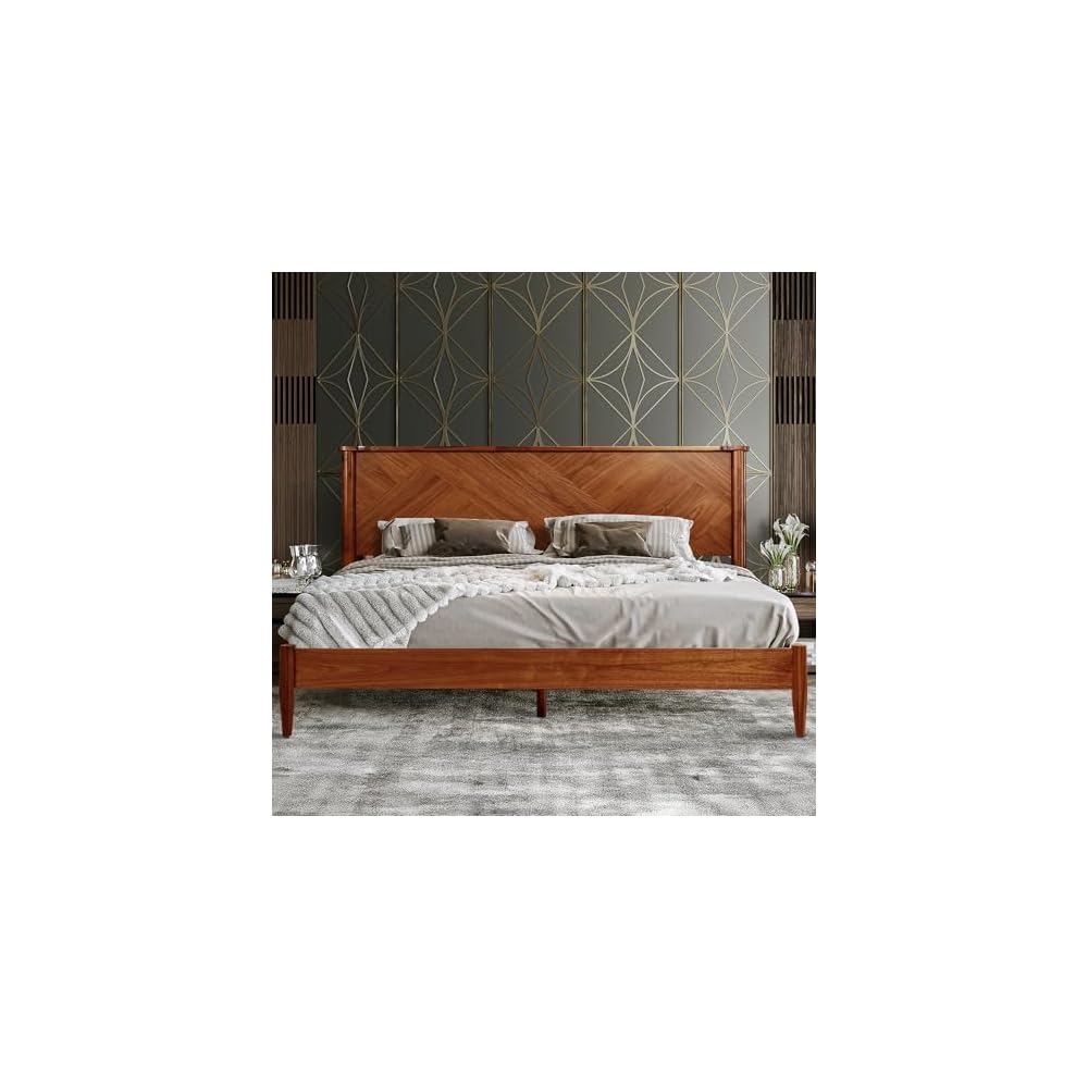 Panthera Bed Frame with Headboard Solid Wood Platform Bed, Artisan Signature High Headboard Wood Bed Non-Slip and Noise-Free Support All Mattresses, King Bed Frame, Walnut