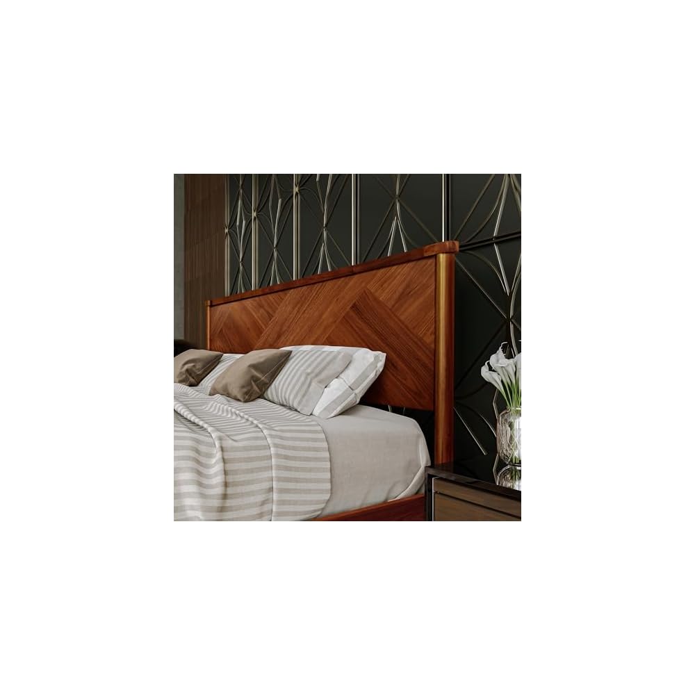 Panthera Bed Frame with Headboard Solid Wood Platform Bed, Artisan Signature High Headboard Wood Bed Non-Slip and Noise-Free Support All Mattresses, King Bed Frame, Walnut