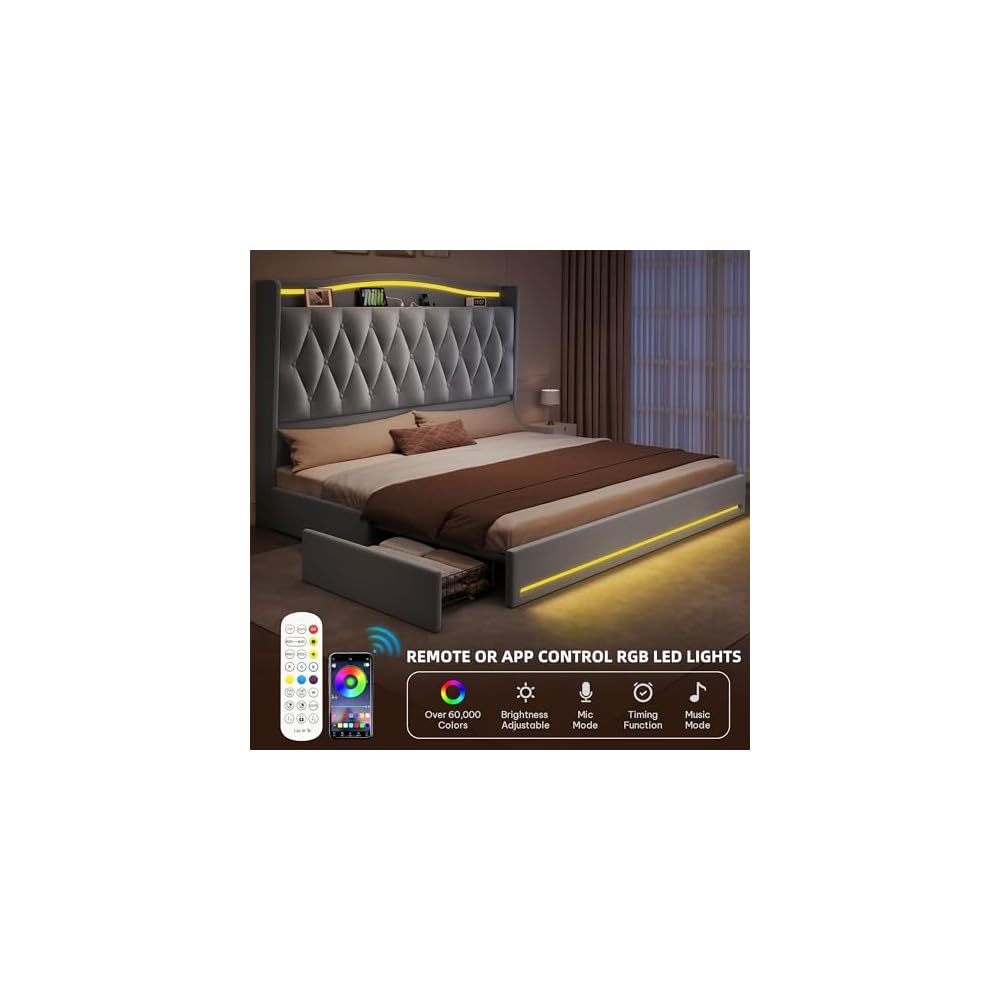 King Size Bed Frame with 4 Storage Drawers and RGB LED Lights