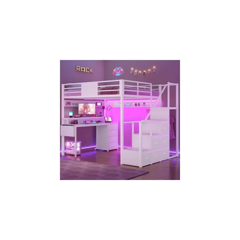 Full Size Loft Bed with 55.5" Desk and Storage Stairs, White