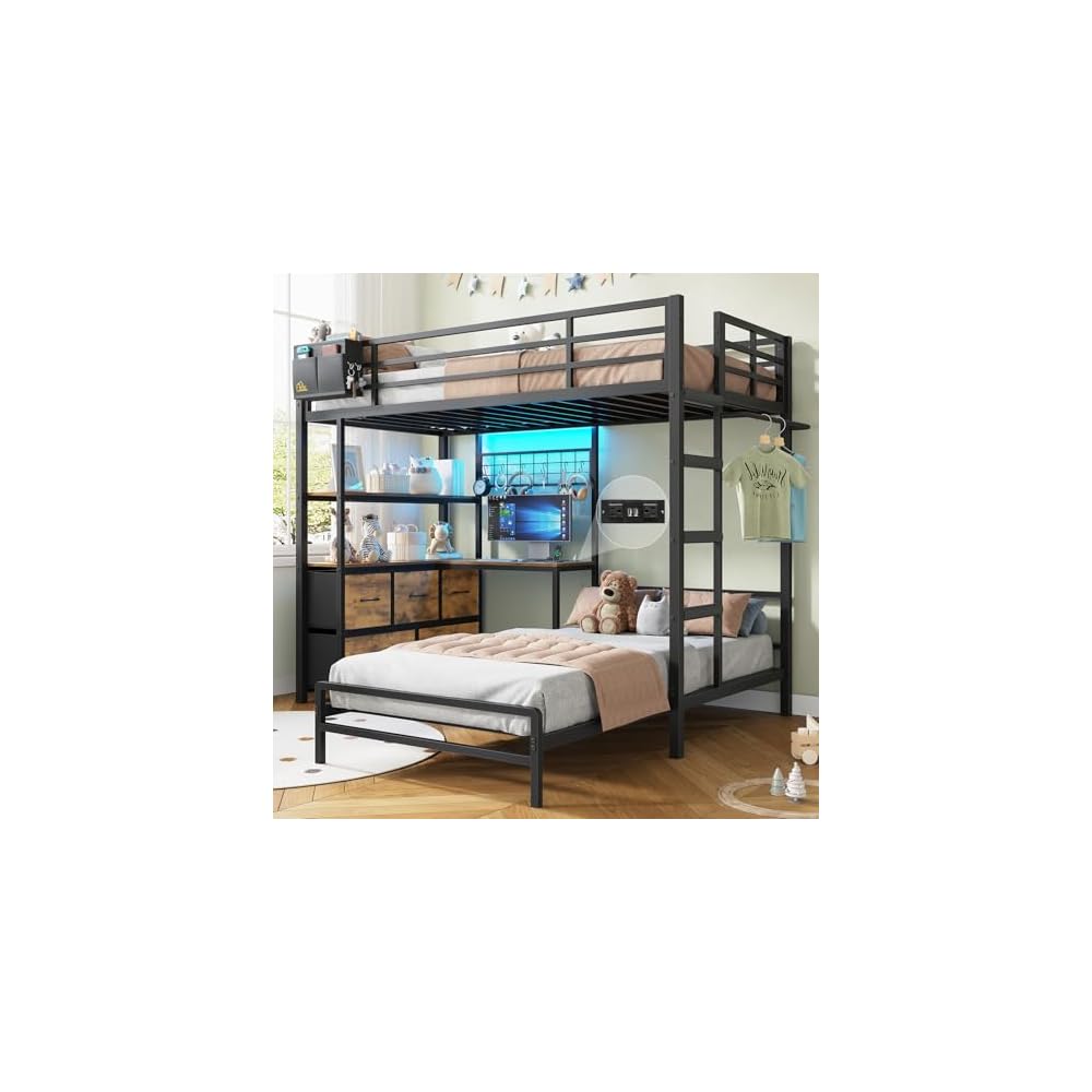 Bunk Bed Twin XL Over Twin with Desk,5 Storage Drawers and Charging Station